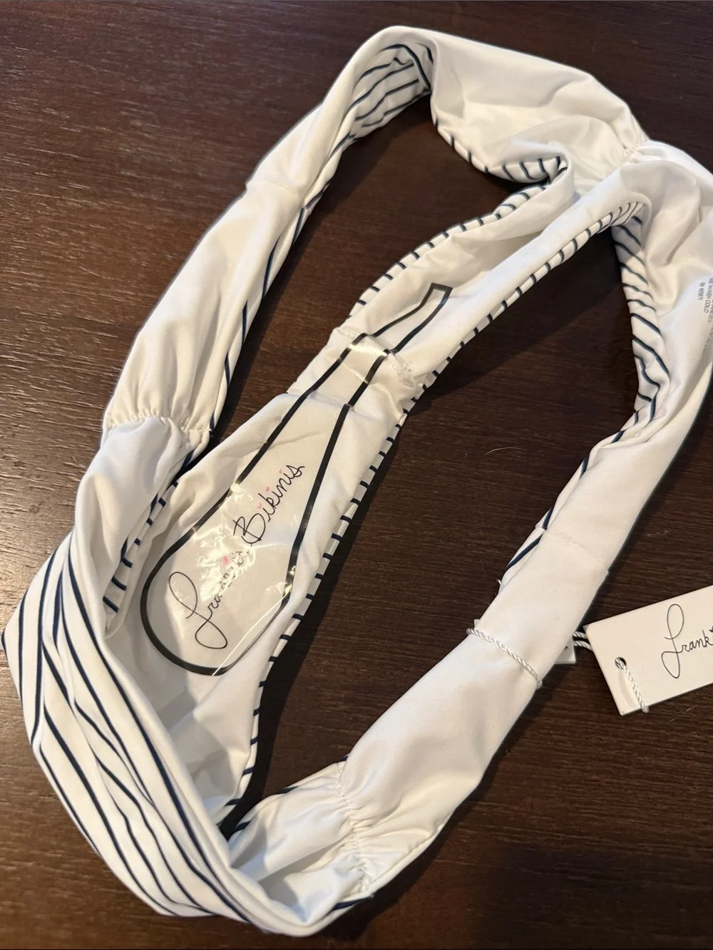 Frankie’s Bikinis Striped White & Navy Thong Bikini Bottom